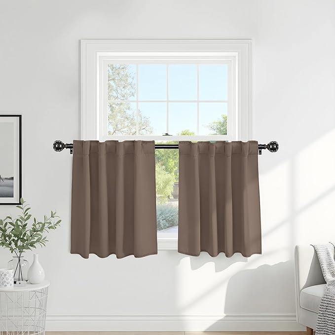 PONY DANCE Blackout Curtains Set - Short Window Curtain Draperies Thermal Insulated Home Decoration Energy Saving Back Tab/Rod Pocket Panels for Bedroom, 42-inch by 30-inch, Mocha, 2 PCs