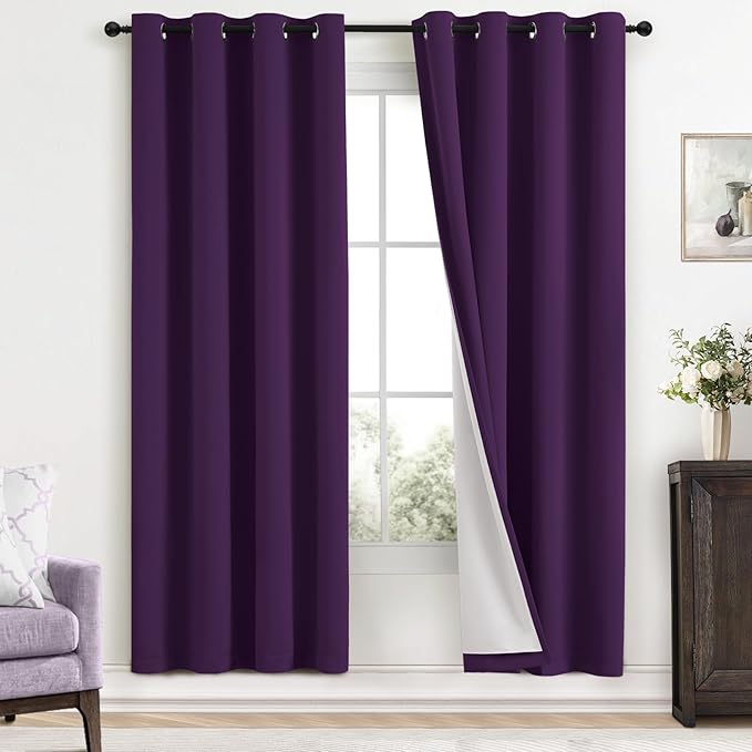 Yakamok Room Darkening 100% Blackout Curtains Grommet Window Treatments with 2 Thick Layers-Purple Thermal Insulated Drapes Set of 2 Panels for Bedroom Living Room 52 Inches by 72 Inches Length