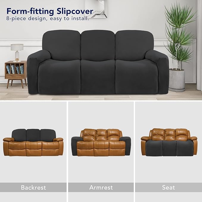 PureFit Super Stretch 3 Seats Recliner Chair Sofa Couch Cover with Pocket – Non Slip Soft Sofa Slipcover, Washable Spandex Reclining Furniture Protector for Kids, Pets (Recliner Sofa, Dark Gray)