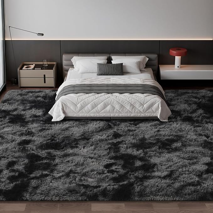 Deerhoo Large Shag Area Rugs 10 x 14, Tie-Dyed Plush Fuzzy Rugs for Living Room, Ultra Soft Fluffy Furry Rug for Bedroom, Anti-Skid Indoor Carpet Nursery Rugs for Kids Room Home Decor, Dark Grey