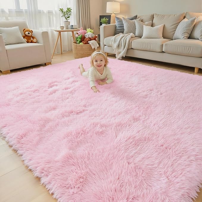 Rugs for Living Room 8x10, Alfombras para Salas Fluffy Shag Large Fuzzy Plush Soft Area Rug, Shaggy Carpets for Bedroom, Kids Boys Girls Home Decor Aesthetic(8 x 10, Pink)