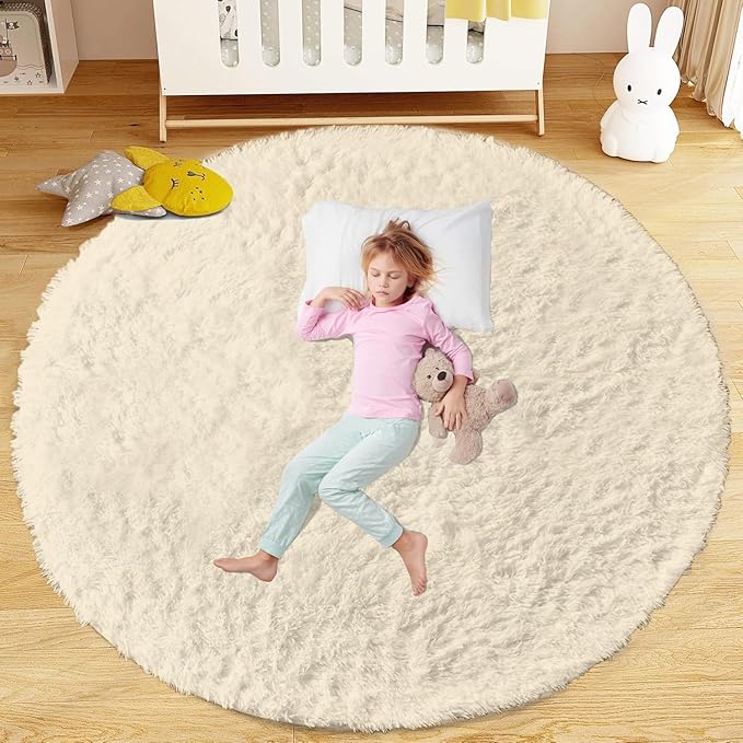 Cream White Round Rugs for Bedroom: 4ft Circle Fluffy Shag Soft Washable Rug Small Fuzzy Plush Indoor Carpet for Kids Girls Boys Nursery Dorm Classroom (Cream White, 4'x4')