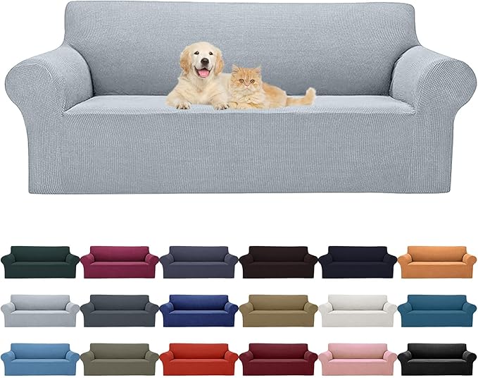 Cupuamon 2026 New Stretch Sofa Slipcovers Couch Cover for 3 Cushion Furniture Protector Sofa Covers with Elastic Bottom Jacquard Fabric Small Checks for Pets, Kids -Sofa, Silver