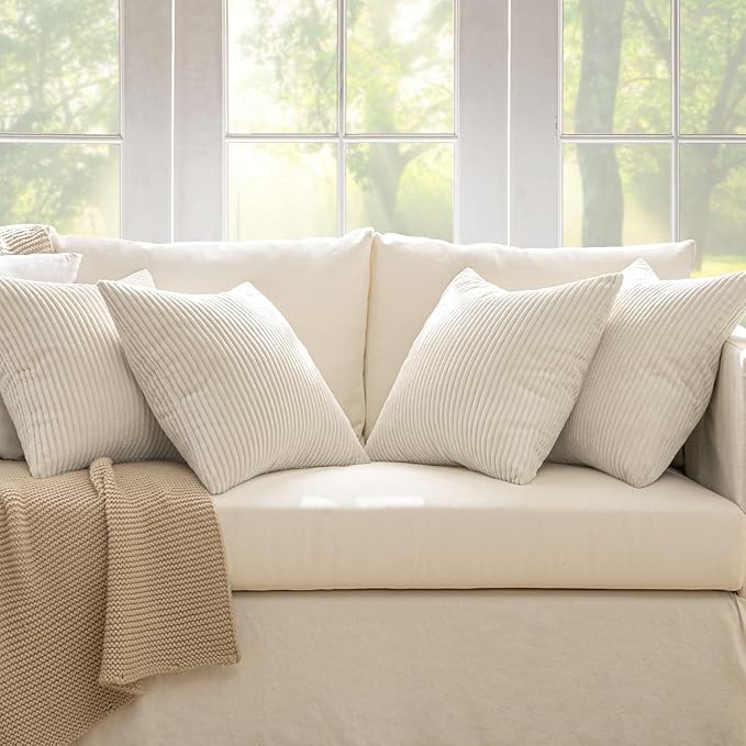 MIULEE Boho Farmhouse Throw Pillow Covers 18x18 Inch Set of 4 Mordern Nordic Cushion Covers Soft Corduroy Spring Home Decor for Couch Bed Sofa Living Room Cream White