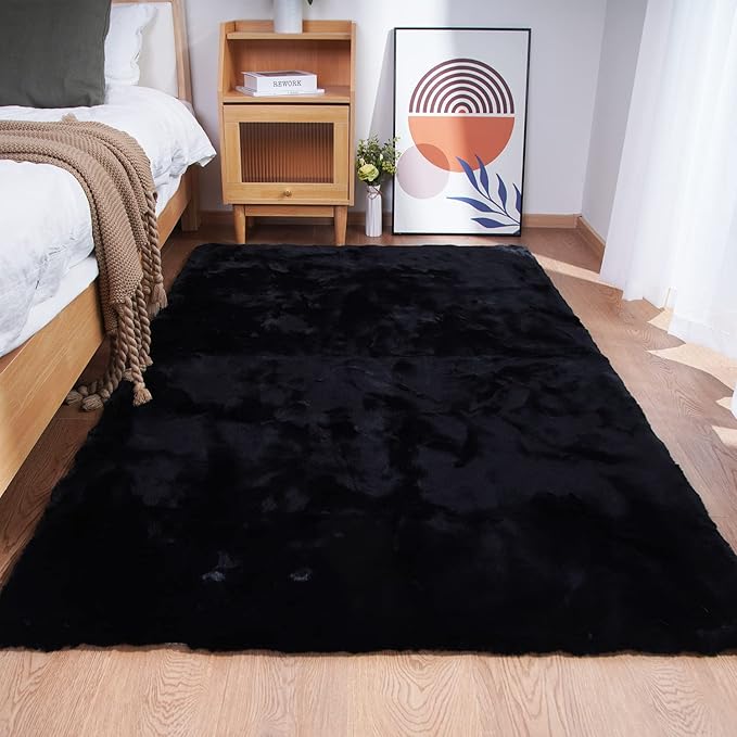 Ghouse Ultra Soft Faux Rabbit Fur Rug 5x8, Machine Washable Area Rugs for Bedroom Fluffy Rugs for Living Room, No-Shedding Carpet Sheepskin Rug Black