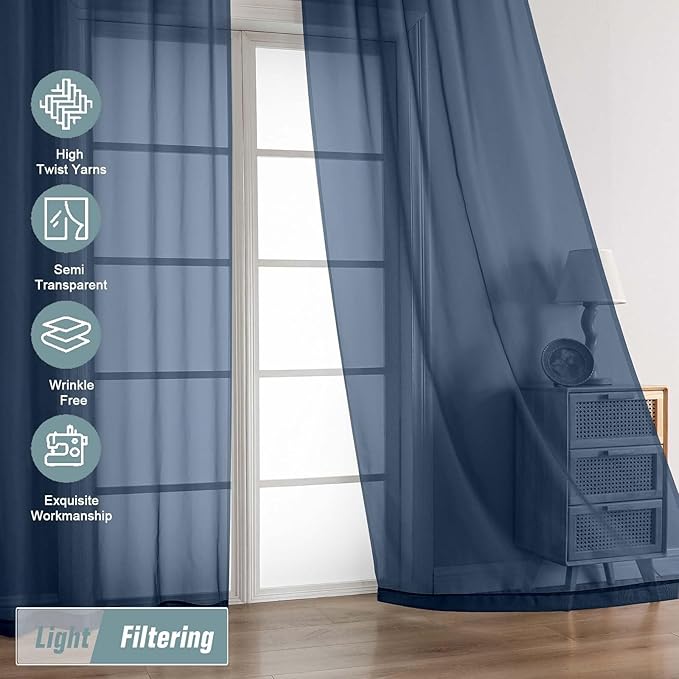 Navy Blue Sheer Curtains 90 Inches Long 2 Panels, Light Filtering Solid Sheer Curtains for Bedroom Living Room, Lightweight Soft Airy Voile Sheer Drapes, Dual Rod Pocket, 2x42Wx90L Inches