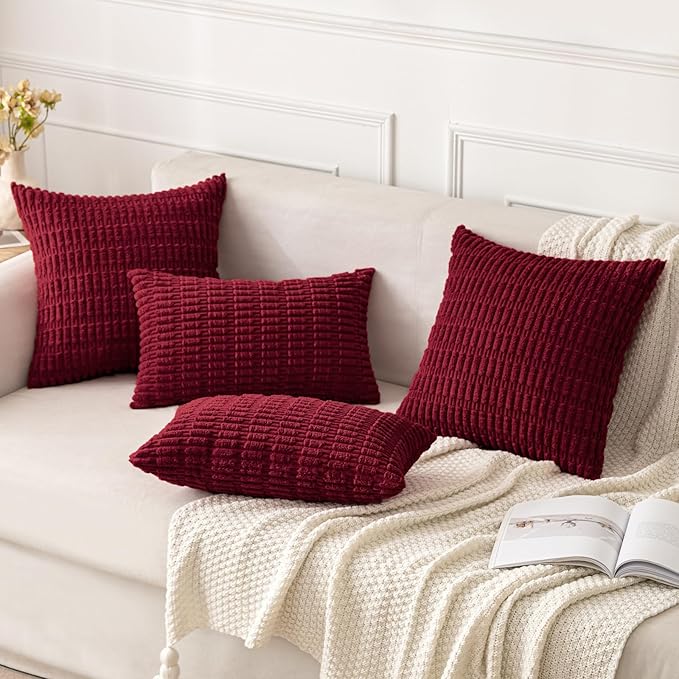 MIULEE Pack of 2 Burgundy Corduroy Decorative Pillow Covers 20x20 Inch Soft Boho Striped Throw Pillow Covers Modern Farmhouse Home Decor for Sofa Living Room Couch Bed