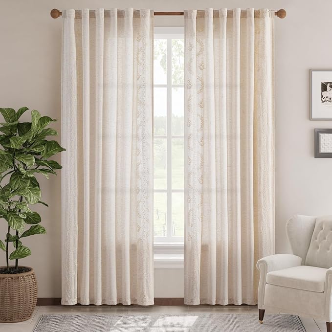 jinchan Belrose Linen Curtains for Bedroom Floral Curtains 90 Inch Length Linen Blend Ivory Embroidered Drapes Farmhouse Flower Patterned Drapes for Living Room Window Treatments Set 2 Panels