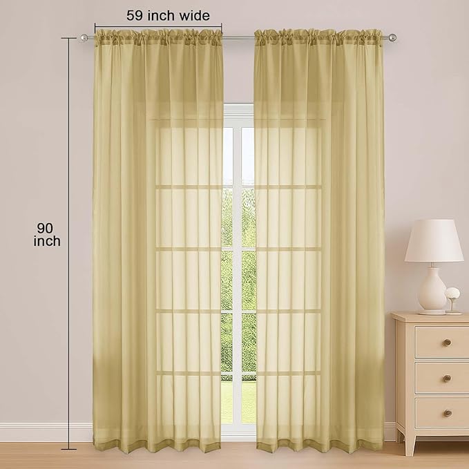 OWENIE Gold Sheer Curtain 90 Inches Long 2 Panels Set, Solid Filmy Drapes for Living Room Bedroom, Elegant Window Voile Sheer Curtain Panels Drapes, 2 Pcs, Each 59" Wx90 L Inch