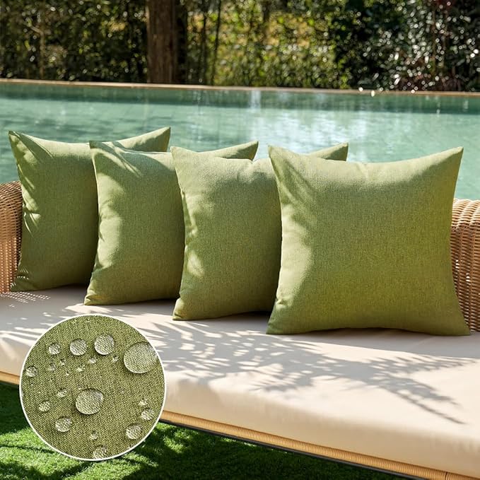 MIULEE Pack of 4 Decorative Solid Waterproof Throw Pillow Covers Linen Garden Farmhouse Cushion Cases for Outdoor Patio Tent Balcony Couch Sofa 16x16 inch Green