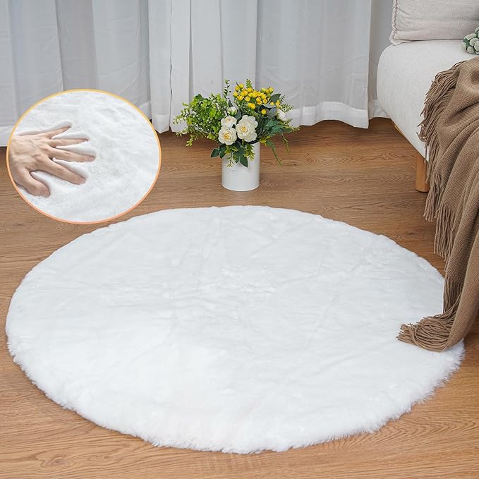 ORINOVA White Faux Rabbit Washable Fur Area Rugs Circle Rugs for Living Room Bedroom Teen Room Fluffy Area Rug 3ft Round Rug