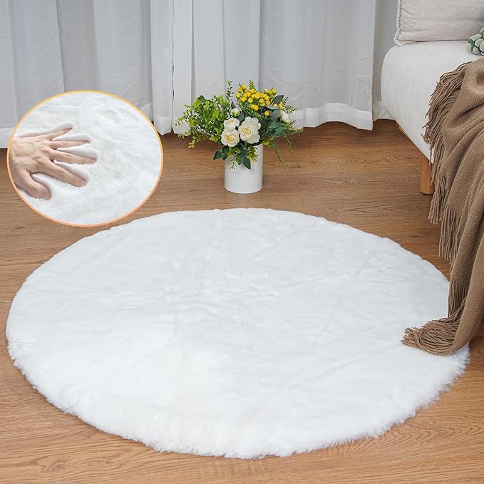 ORINOVA White Faux Fur Round Rug 4ft Fluffy Rabbit Fur Rug Machine Washable Circle Area Rugs for Living Room Bedroom Home Teen Room Nursery Décor
