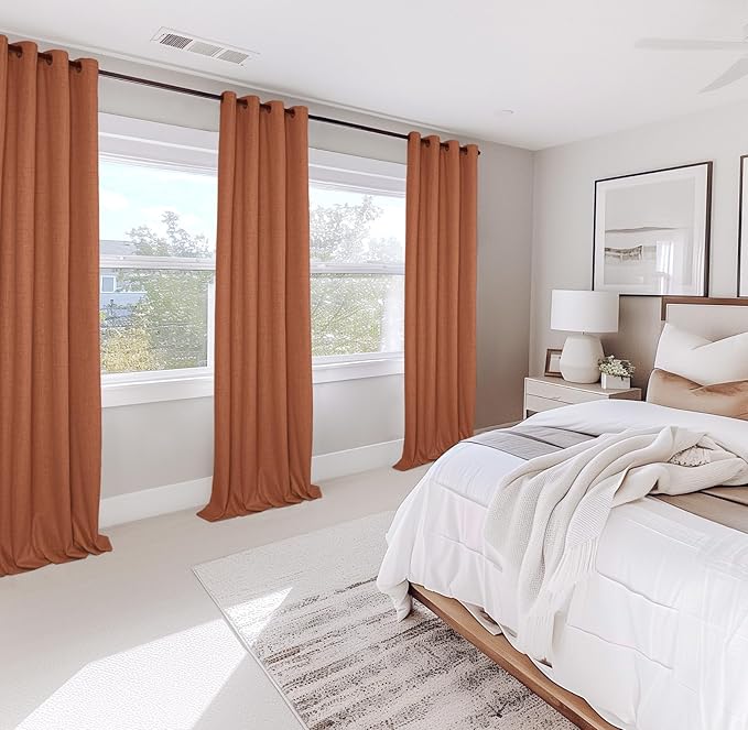 100% Blackout Shield Linen Blackout Curtains for Bedroom, Orange Grommet Curtains for Living Room, Thermal Insulated Room Darkening Drapes for Nursery, Boho Home Decor, 50" W x 96" L, 2 Panels