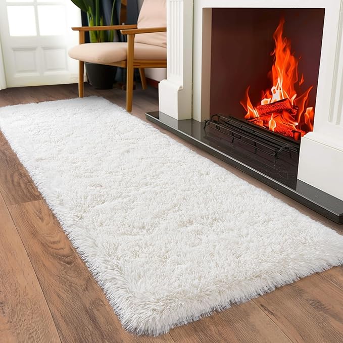Ultra Soft Runner Rugs for Bedroom Hallways with Upgraded Non-Slip Rubber Backing & Thick Memory Sponge, 2x8 Feet Fluffy Shag Throw Area Rug for Bedside Dorm Cream