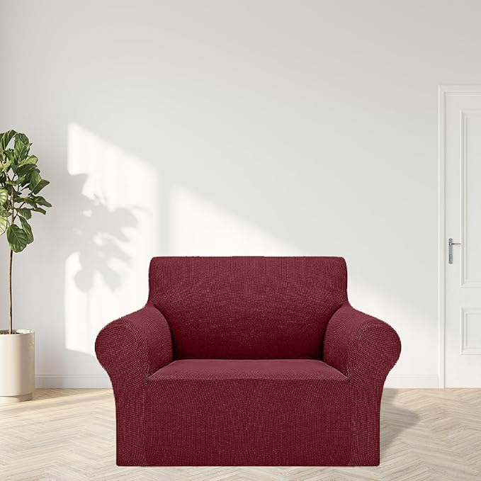 Cupuamon 2026 New Stretch Chair Sofa Slipcovers Couch Cover for 1 Seater Furniture Protector Sofa Covers with Elastic Bottom Jacquard Fabric Small Checks for Pets, Kids - Dark Red