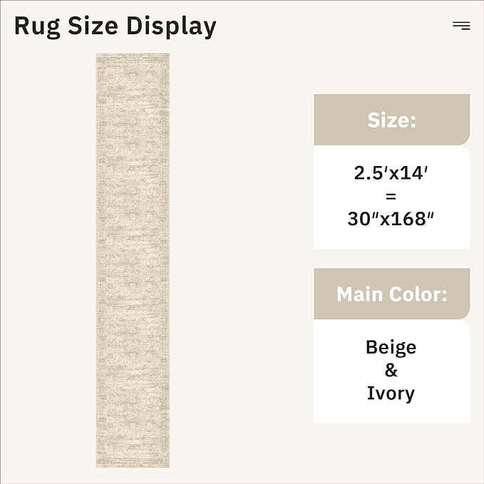 Soalmost Runner Rug 2'6" x 14' Washable Non-Slip Runner Rugs for Kitchen Bathroom Laundry Room Vintage Ultra Thin Runners for Hallway Entryway Beige