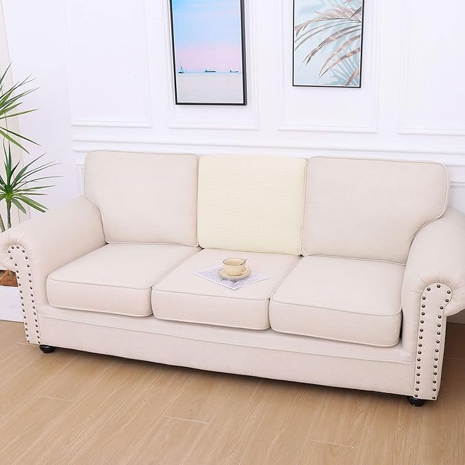 hyha Waterproof Couch Cushion Covers for Pets, Non Slip Sofa Seat Cover for Dogs Washable, Soft Thick Stretch Jacquard Fabric, Sofa Slipcovers with Elastic Bottom (1 Piece for Backrest L, Light Beige)