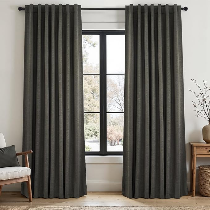 Topfinel Linen Blackout Curtain 90 Inches Long for Bedroom/Living Room Thermal Insulated Back Tab Linen Curtain Drapes Primitive Textured Burlap Effect Window Drapes 2 Panel, Heather Charcoal Gray
