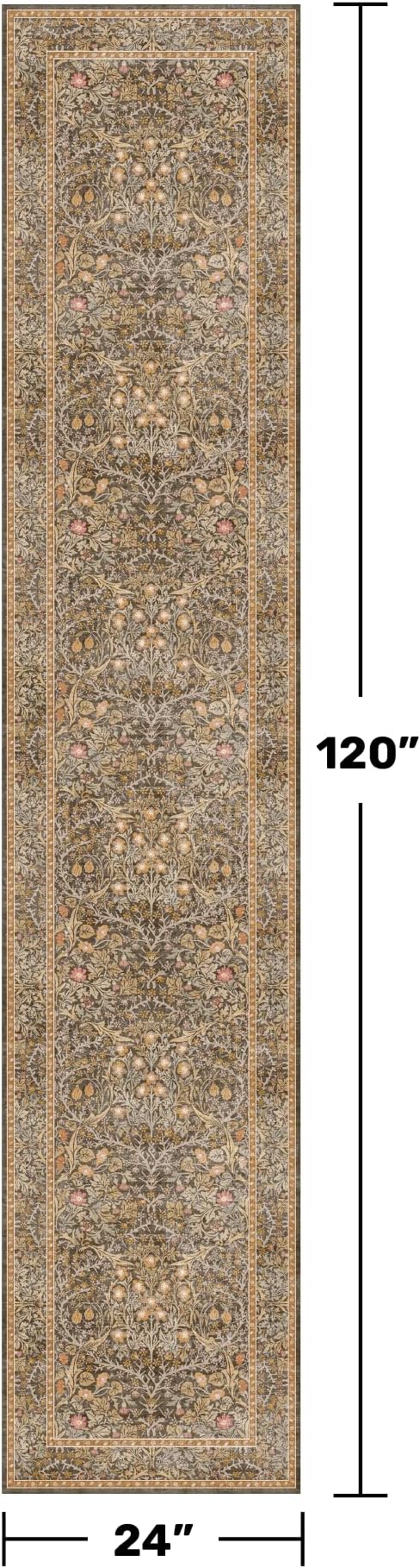 Hazo Haus Non Slip 2x10 Gold Brown Hallway Runner - 10ft Long Runner Rugs, Washable Kitchen Floor Mat - Vintage Floral Design Décor