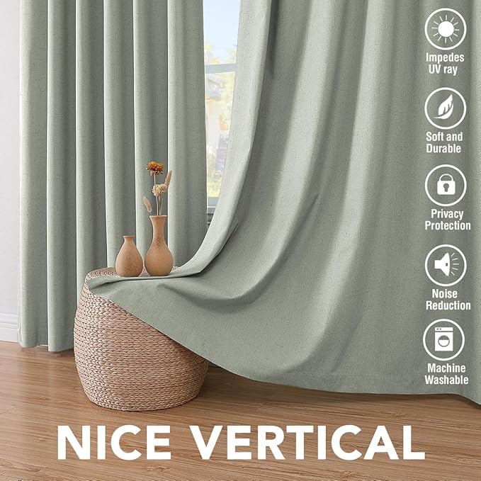 H.VERSAILTEX Linen Blackout Curtains 72 Inches Long 100% Absolutely Blackout Thermal Insulated Textured Linen Look Curtain Draperies Anti-Rust Grommet, Energy Saving with White Liner, 2 Panels, Sage