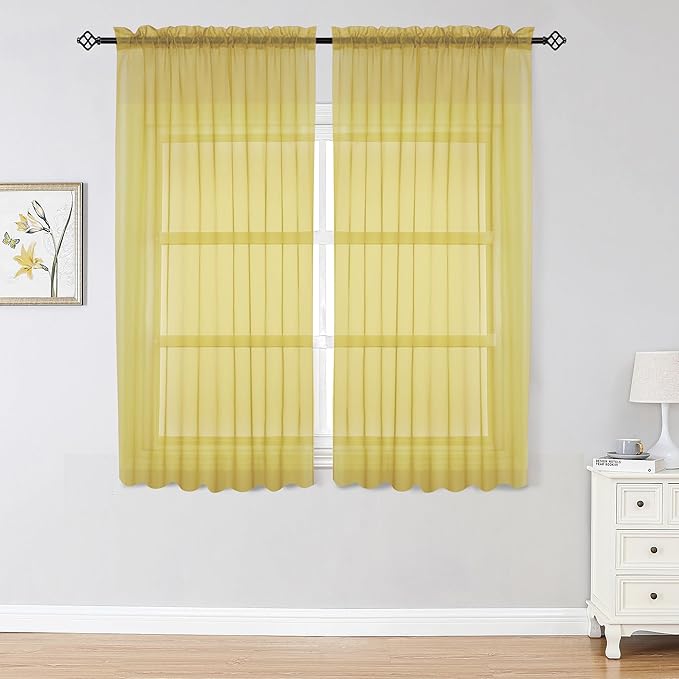 OWENIE Sheer Curtains 63 inch Length 2 Panels Set, Ivory Sheer Cutains Short Curtains for Bedroom/Living Room, Rod Pocket Voile Fimly Sheer Drapes, 2pcs, Each 42" W x 63" L