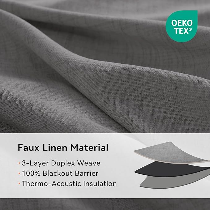 100% Blackout Shield Linen Blackout Curtains for Bedroom, Dark Gray Grommet Curtains for Living Room, Thermal Insulated Room Darkening Drapes for Nursery, Boho Home Decor, 50" W x 90" L, 2 Panels