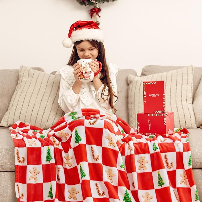 BEDELITE Christmas Throw Blanket – Red and White Checkered Holiday Blanket with Gingerbread Man, Candy Cane & Christmas Tree Pattern, Soft Warm Fleece Christmas Blanket for Home Décor & Gift, 50"x60"