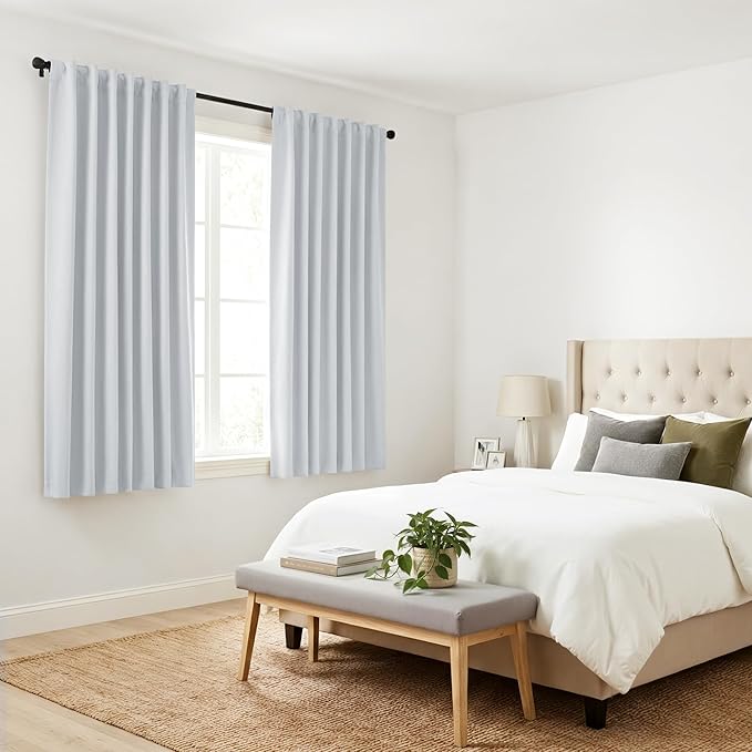 PONY DANCE 60% Light Filtering White Curtain Panels, Kitchen Curtains Room Darkening Energy Saving Short Drapes with Back Tab for Bedroom Home Decor, 34 in Wide by 45 Long, Greyish White, 2 Pieces