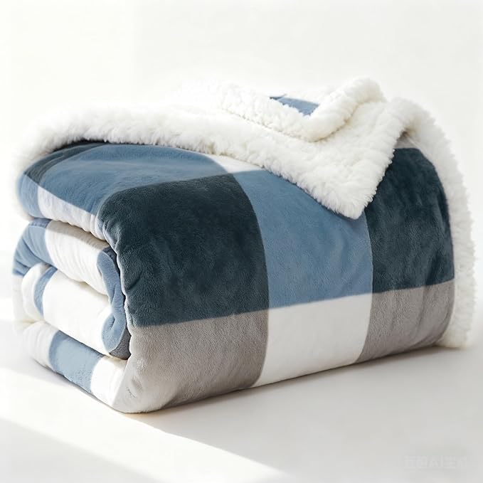 PU MEI Sherpa Fleece Throw Blanket 60" x 80" Reversible Plush Fluffy Large Big Blanket Lattice Flannel Blankets for Sofa Couch Bed (Grey-Soft Blue, 60"*80")
