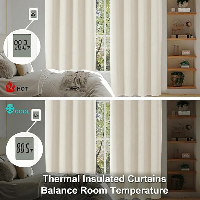 Simplebrand Ava Ivory Light Filtering Curtains for Bedroom 96 Inches Long 2 Panels, Solid Thermal Insulated, Energy Saving Nursery Window Treatment Curtains Light Filtering, W40 x L96 Inch, Ivory