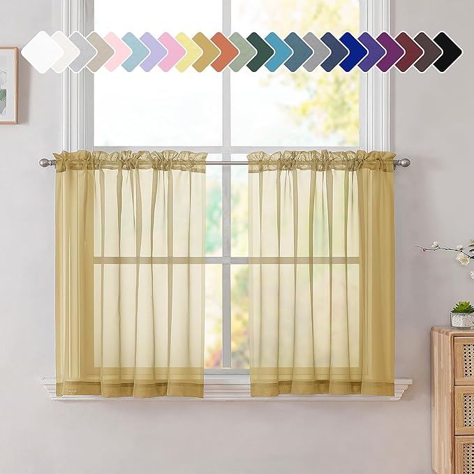 Simplebrand Gold Sheer Tier Curtains for Kitchen 24 Inches Long 2 Panels Set, Rod Pocket Cafe Curtain Light Filtering Sheer Short Curtains for Bathroom/Basement Half Window 42 x 24 Inch