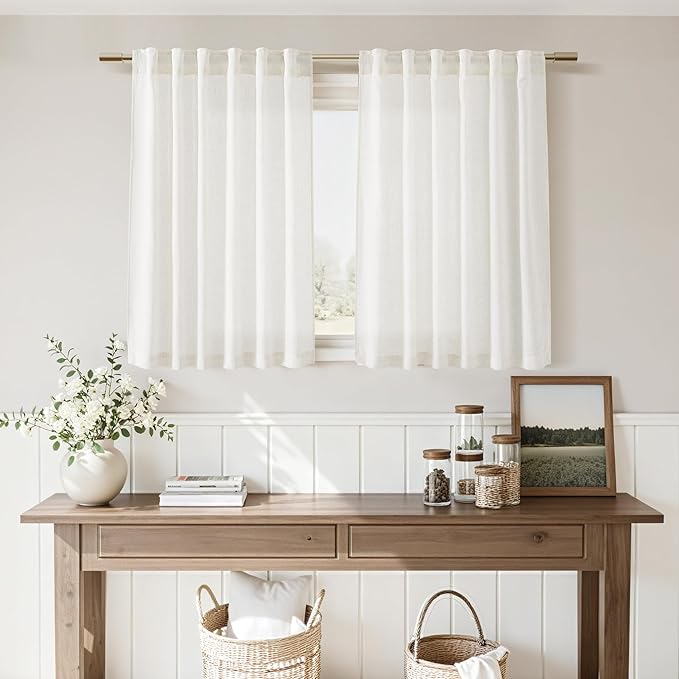 Beige White Linen Curtains for Kitchen Windows Over Sink Neutral 30 Inch Length Back Tab and Rod Pocket Light Filtering Semi Sheer Cafe Curtain for Bathroom RV Small Window 40 x 30 Inch,2 Panels