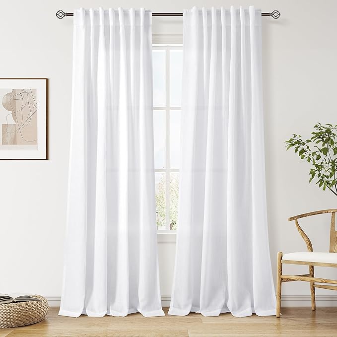 Nanspring Snow White Linen Curtains 84 Inch Length 2 Panels Set for Living Room Light Filtering Semi Sheer Curtain Back Tab Luxury Neutral Coastal Modern Farmhouse Decor Drapes for Bedroom 52x84