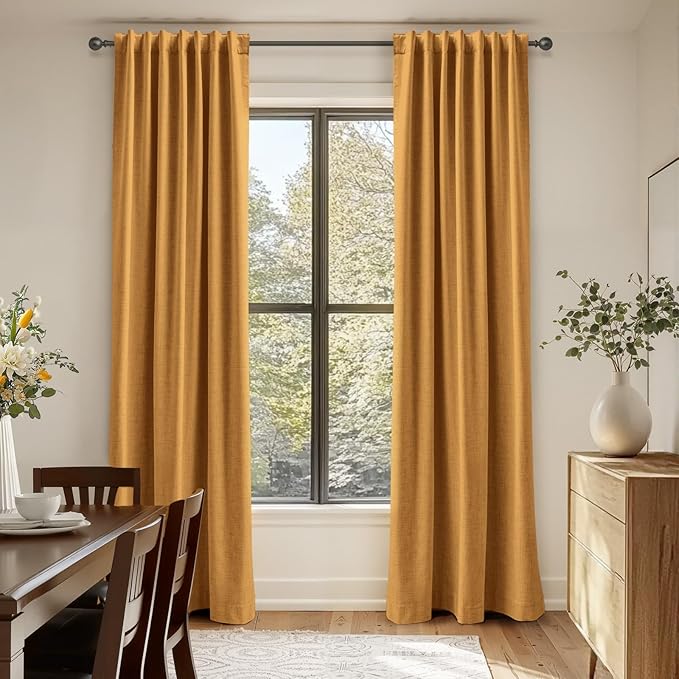 100% Blackout Shield Linen Blackout Curtains for Bedroom 108 Inches Long,Back Tab/Rod Pocket Living Room Drapes,Thermal Insulated Textured Blackout Curtains 2 Panels Set,50" W x 108" L,Mustard Yellow