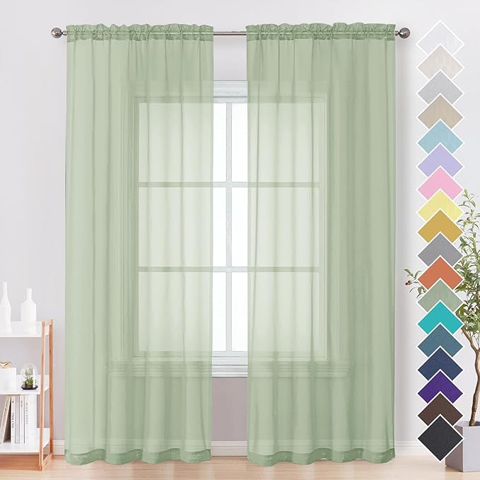 OVZME Light Green Sheer Curtains 96 Inches Long 2 Panels - Soft Light Filtering Window Sheer Panels for Living Room/Bedroom, Top Dual Rod Pocket, 1 Pair, Each 42Wx96L Inches