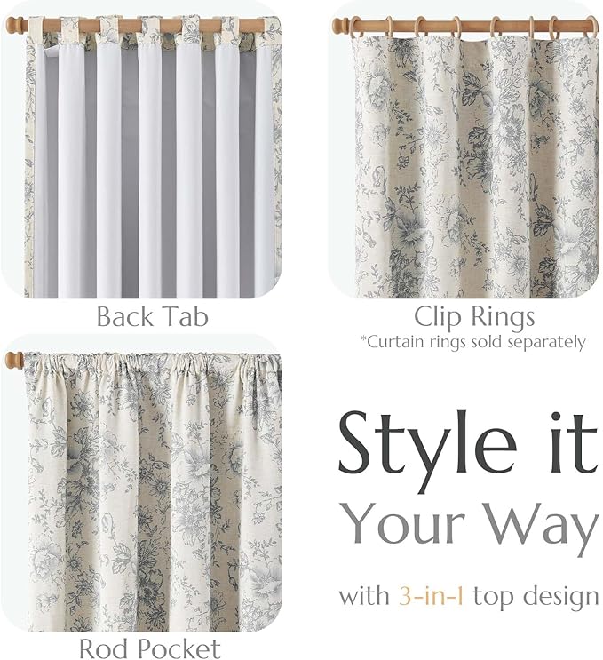 jinchan Blackout Floral Curtains for Living Room Bedroom Linen Blend Curtain Farmhouse Grey Printed with Lined Back Tab Rod Pocket Drapes Window Treatments 2 Panels 84 Inch Gray