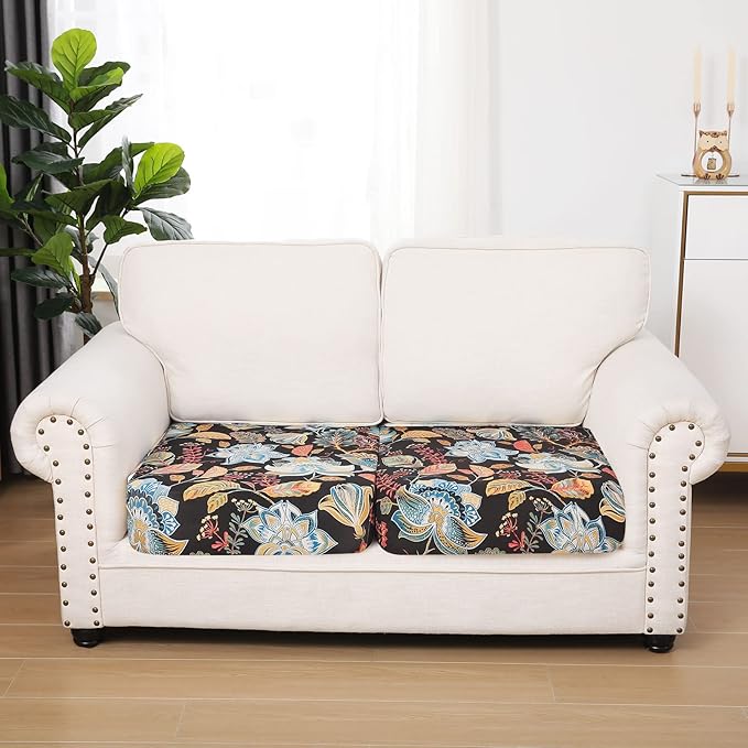 hyha Printed Couch Cushion Covers, Floral Sofa Covers Washable for 2 Cushion Couch, Stretch Pattern Outdoor Cushion Covers for Patio Furniture with Elastic Bottom(2 Packs, Floral)