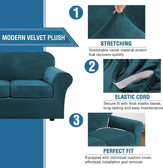 H.VERSAILTEX Real Velvet Plush 3 Piece Stretch Sofa Covers Couch Covers for 2 Cushion Couch Loveseat Covers Width Up to 72 Inch Feature Thick Soft Stay in Place (Medium Sofa, Deep Teal)
