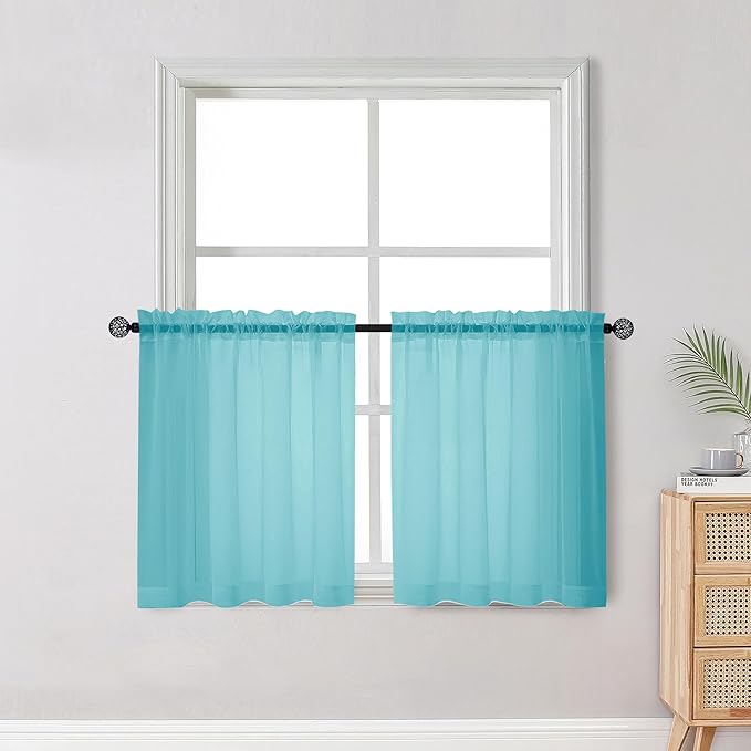 OWENIE Short Aqua Sheer Curtains 30 Inch Length 2 Panels Set, Kitchen Curtains Tiers Light Filtering Rod Pocket Cafe Curtain for Basement Bathroom Small Half Window, 42" W x 30" L, Aqua