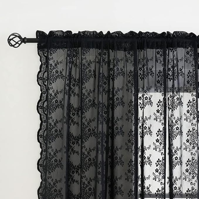 YJ YANJUN Vintage Lace Curtains 90 Inches Long- Victorian Floral Pattern Black Sheer Curtain Panels for Living Room Bedroom,Light Filtering, Gothic Witchy Halloween Drapes 2 Panels 52W x 90L