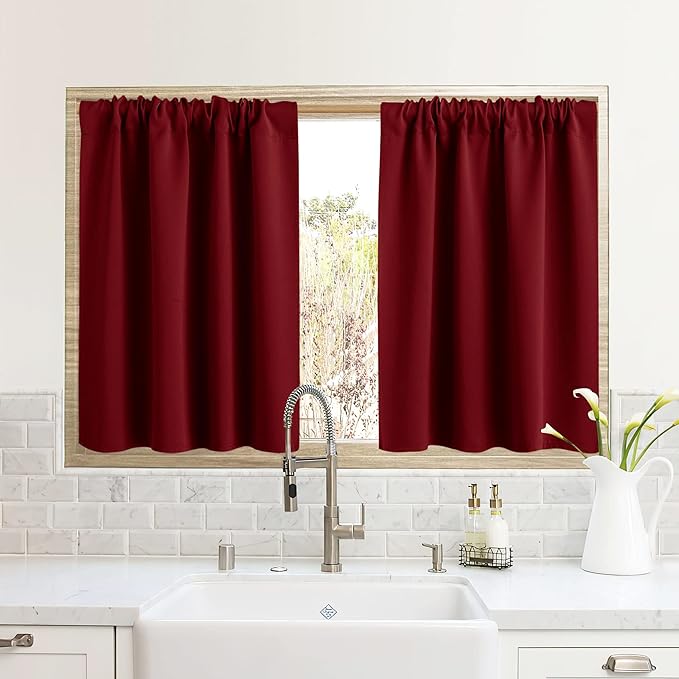 RYB HOME RV Curtains for Camper Windows, Mini Small Thermal Insulated Sunlight Heat Blocking Blackout Privacy Portable Curtains for Travel Trailer, Width 34 by Length 24, Burgundy Red, 2 Panels