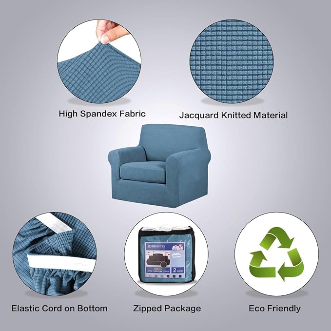 H.VERSAILTEX High Stretch Chair Cover Chair Slipcover 2 Piece Couch Shield Furniture Cover/Protector Soft with High Spandex Jacquard Checked Pattern Fabric (Chair, Dusty Blue)
