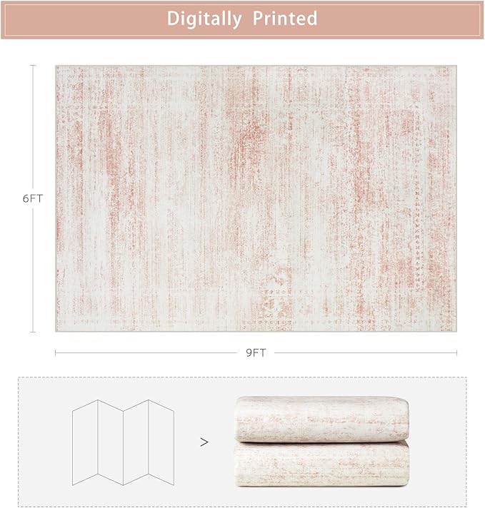 Washable Rugs 6x9 Area Rugs for Living Room,Bedroom,Dining Room- Ultra Soft Faux Wool Nursery Rug for Baby Girl,Neutral Light Pink Low Pile Vintage Carpets for Dorm Kids Playroom,Non Slip