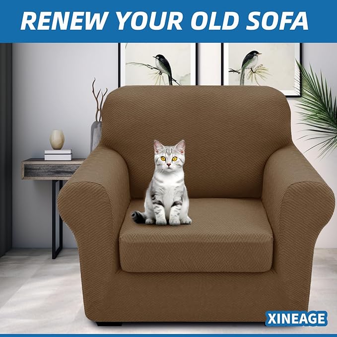 XINEAGE New 2 Pieces Chair Covers with Arms Super Stretch Chair Slipcover for Living Room Pet Dog Universal Slip Cover Anti Slip Armchair Furniture Protector (Brown), 31"-46"(1 Cushion)