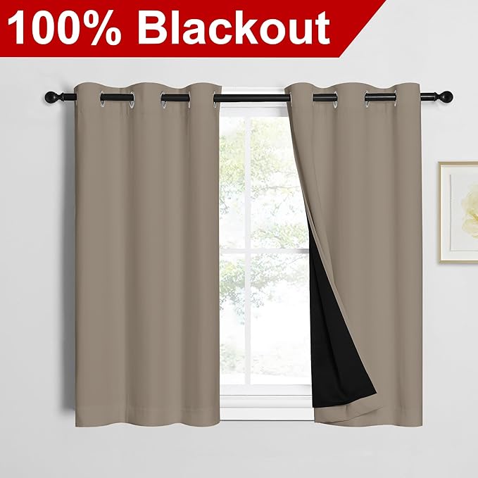 NICETOWN 100% Blackout Short Curtains with Black Liners, 2 Panels, 37" W by 40" L, Taupe, Solid Thermal Insulated Full Blackout 2-Layer Lined Drapes, Energy Efficiency Window Draperies for Bedroom