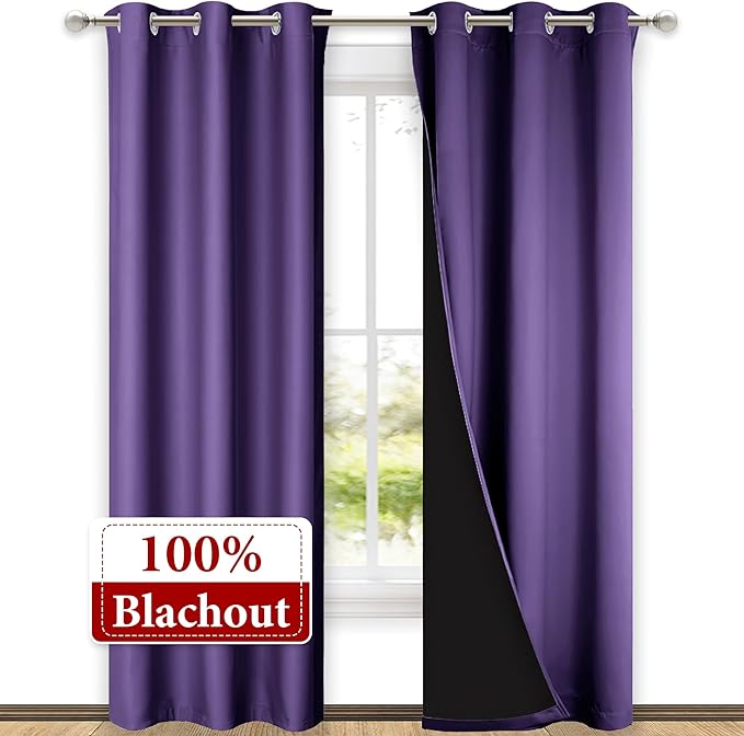NICETOWN Blackout Curtains 80 inches Long, Full Light Blocking Drapes with Black Liner for Nursery, Thermal Insulated Draperies for Hall, Villa (Lilac Purple, 2 Pieces, 42" Wide Each Panel)