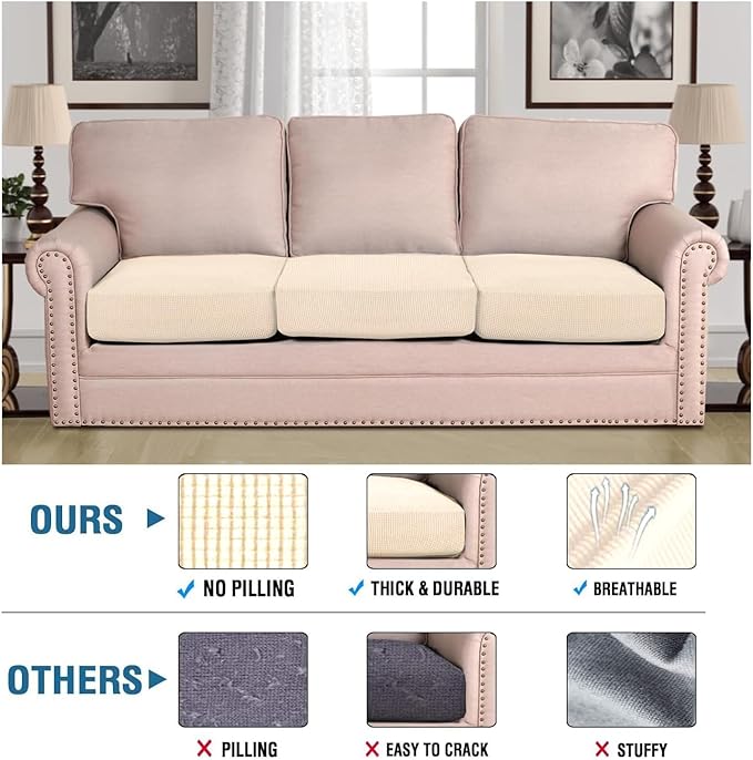 H.VERSAILTEX Super Stretch Individual Seat Cushion Covers Sofa Covers Couch Covers Slipcover Sets Thick Jacquard Textured Twill Fabric (3 Piece XL Sofa Cushion Covers, Cream)