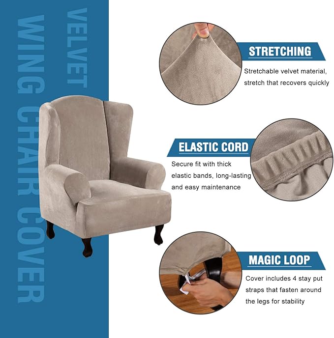 H.VERSAILTEX Wingback Chair Covers Velvet Plush Wing Chair Slipcover 1 Piece High Stretch Wing Back Chair Slipcovers Sofa Cover Furniture Cover with Elastic Bottom, Taupe