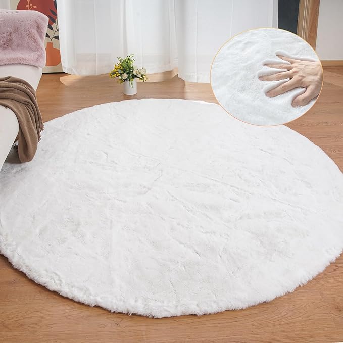 ORINOVA White Round Shag Rugs 6ft Faux Rabbit Washable Fur Area Rugs for Living Room Circle Fluffy Rugs for Bedroom Boho Rug Home Room Décor