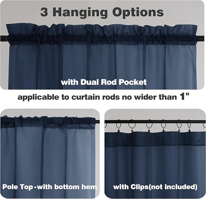 Chyhomenyc Sheer Curtains Tiers 42W x 24L Inches 2 Pieces, Light Filtering Small Curtains, Short Bathroom Living Room Cafe Basement Voile Window Curtain, Rod Pocket, Navy Blue